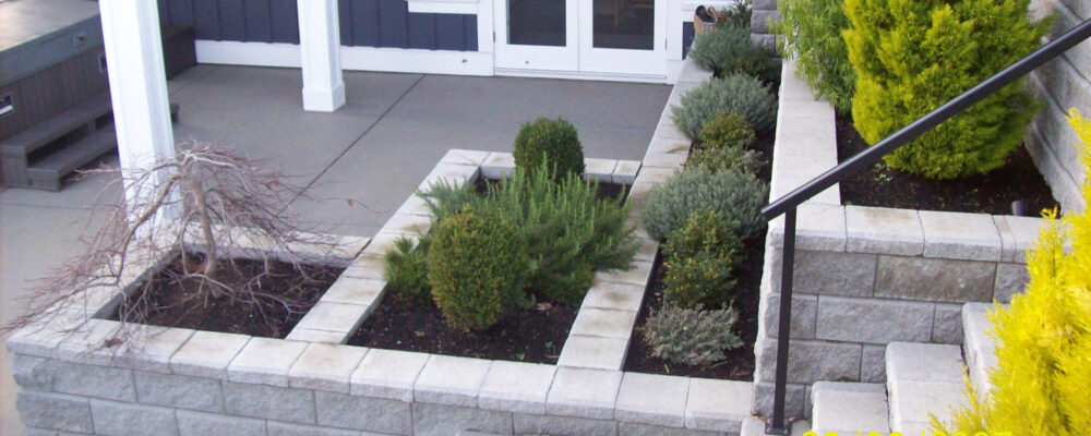 stone planters with trees and bushes